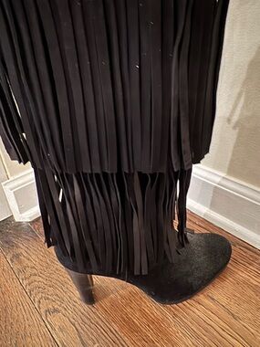 Stuart Weitzman Black Suede Fringe Ankle Boots